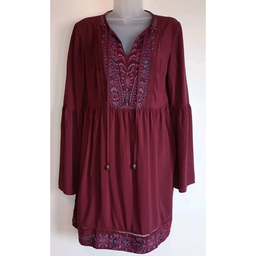Knox Rose Women M Embroidered Boho Mini Dress Split Bell Sleeve Burgundy